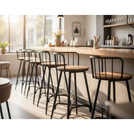 TABURETE ALTO CON RESPALDO METALICO Y ASIENTO DE MADERA