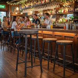 TABURETE ALTO ESTRUCTURA DE METAL Y ASIENTO DE MADERA