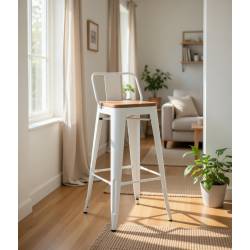 Taburete alto acero blanco y asiento de madera 