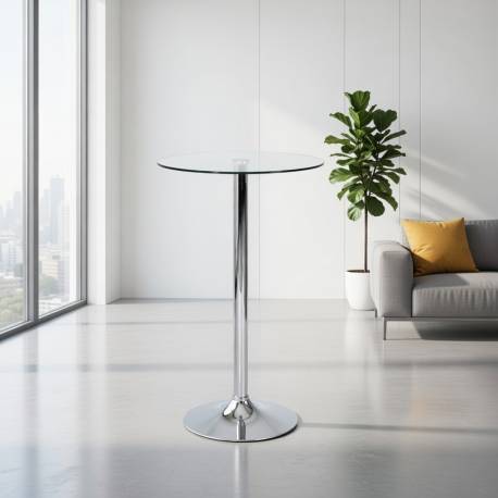 MESA ALTA BASE CROMADA Y TAPA DE CRISTAL TEMPLADO