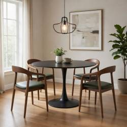 Mesa redonda base de metal tapa NEGRA CON SILLAS NO INCLUIDAS