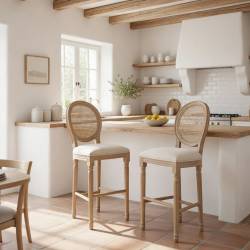 TABURETE ALTO EN MADERA TAPIZADA RESPALDO DE REJILLA