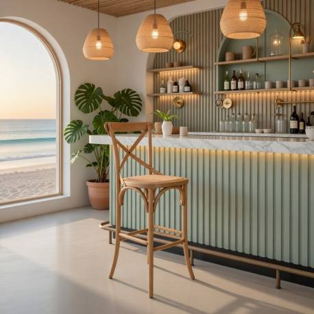 TABURETE ALTO DE MADERA Y ASIENTO DE REJILLA