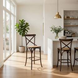 Taburete de estilo vintage en madera de abedul color nogal y ratan 11