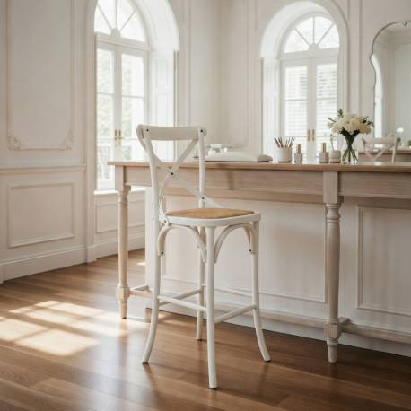 Taburete de estilo vintage en madera de abedul color blanco y ratan 0