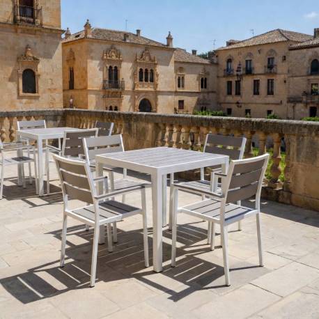 MESA metal blanco, tablero polywood gris 3